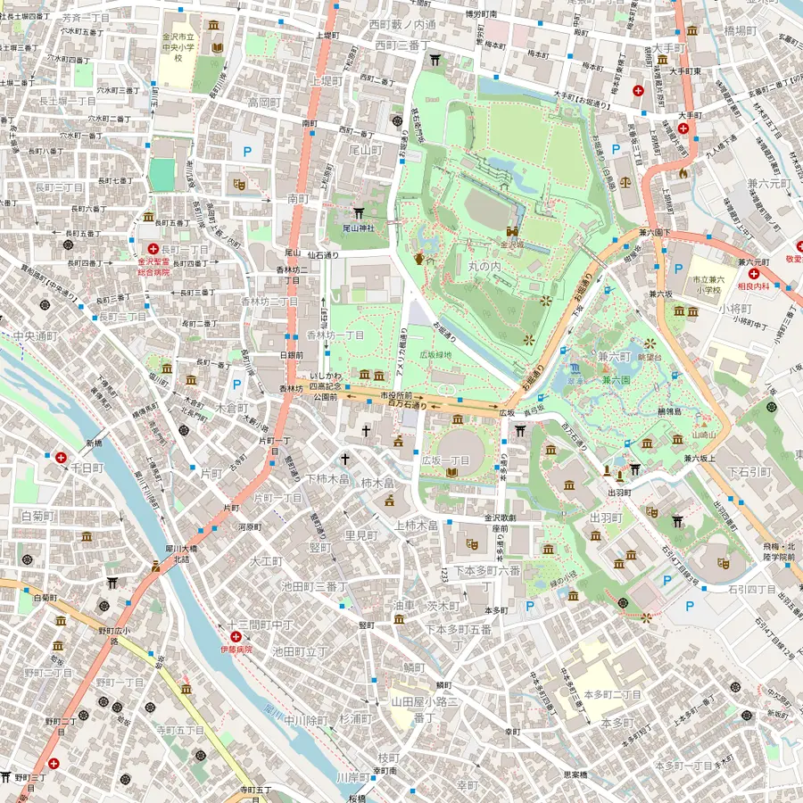 Map of central Kanazawa with the Korinbo meeting point, the Nomura house in Nagamachi, Oyama Shrine, the castle gates and turrets, Kenroku-en, Seisonkaku and two museums