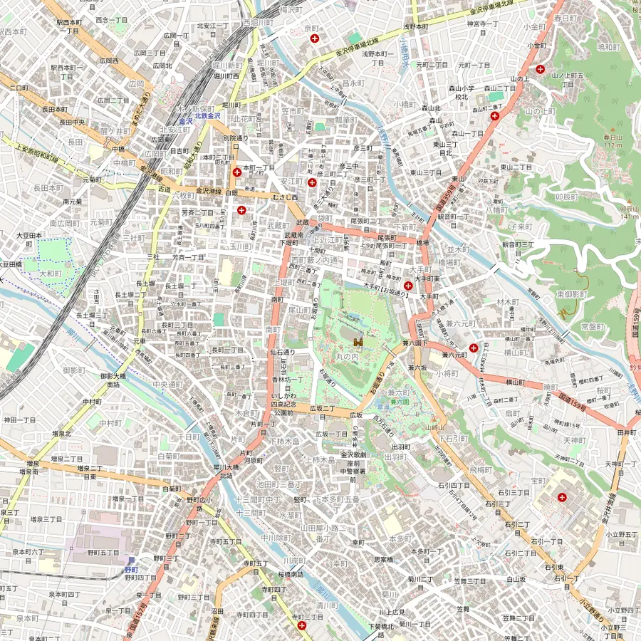 Map of Kanazawa with the station, the Higashi Chaya, Kazuemachi and Nishi Chaya teahouse districts, Myoryuji, the castle and Nagamachi