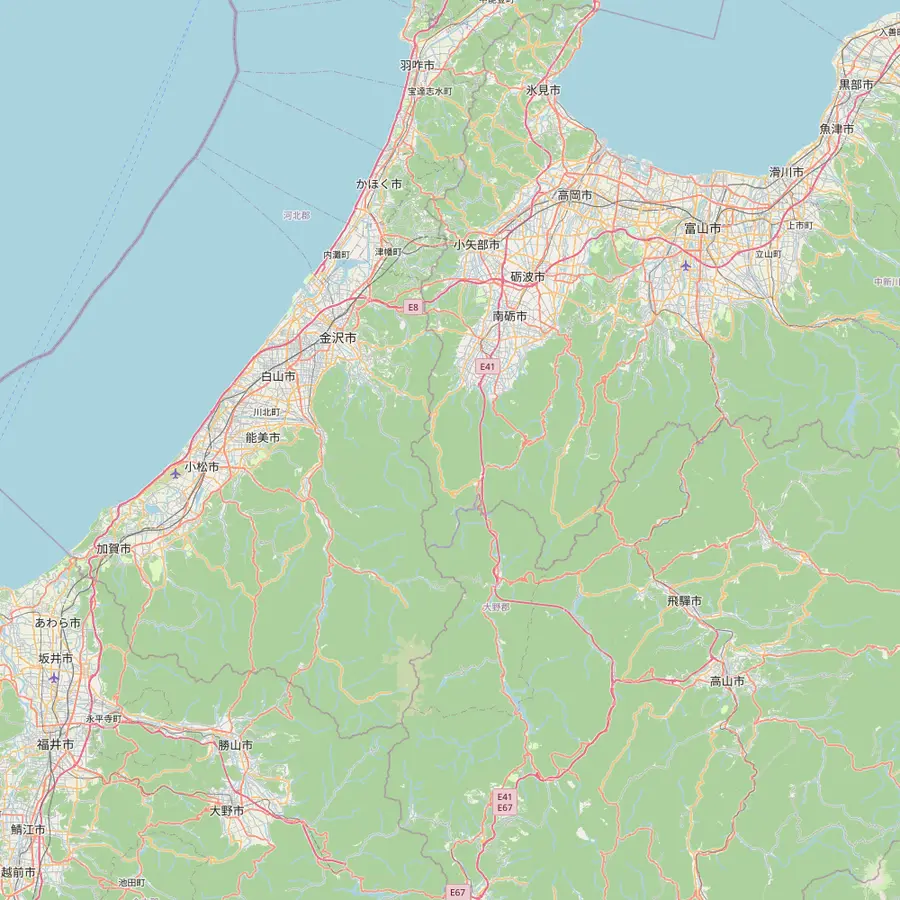 Regional map with Kanazawa, Komatsu Airport, Toyama, Gokayama, Shirakawa-go and Takayama